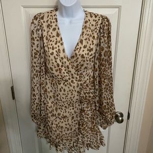 NWOT Express Leopard Print Long Sleeve Faux Wrap Fancy Mini Dress Size XS